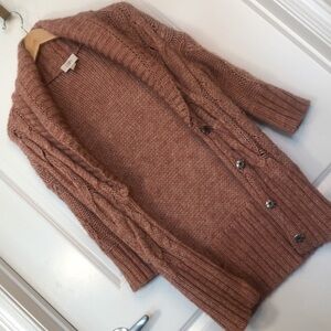 ANN TAYLOR LOFT | Women’s Blush Chunky Knit 3/4 Sleeve Collared Snap Sweater, XS